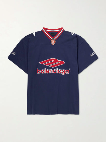 Balenciaga Soccer Jersey Logo-Print Oversized T-Shirt — Navy