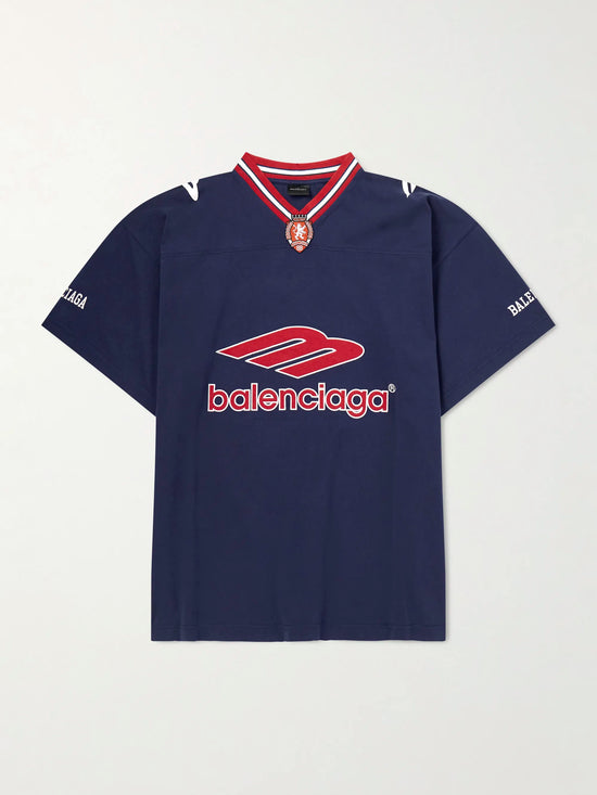 Balenciaga Soccer Jersey Logo-Print Oversized T-Shirt — Navy