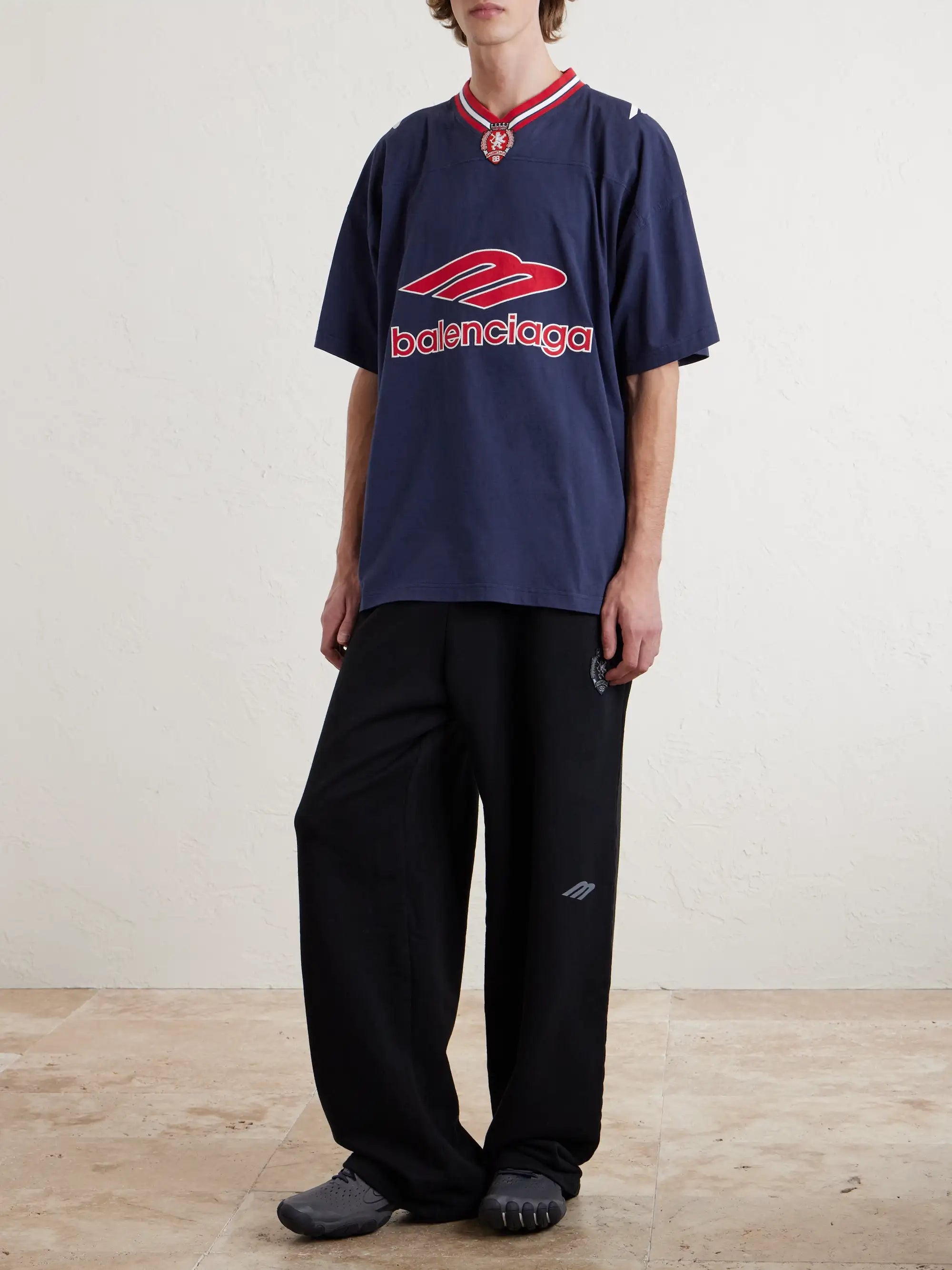 Balenciaga Soccer Jersey Logo-Print Oversized T-Shirt — Navy
