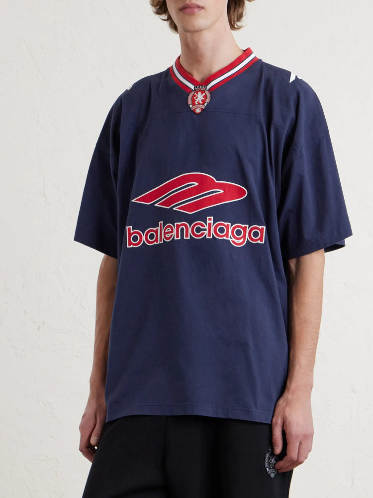 Balenciaga Soccer Jersey T-Shirt Navy - Front on model close-up