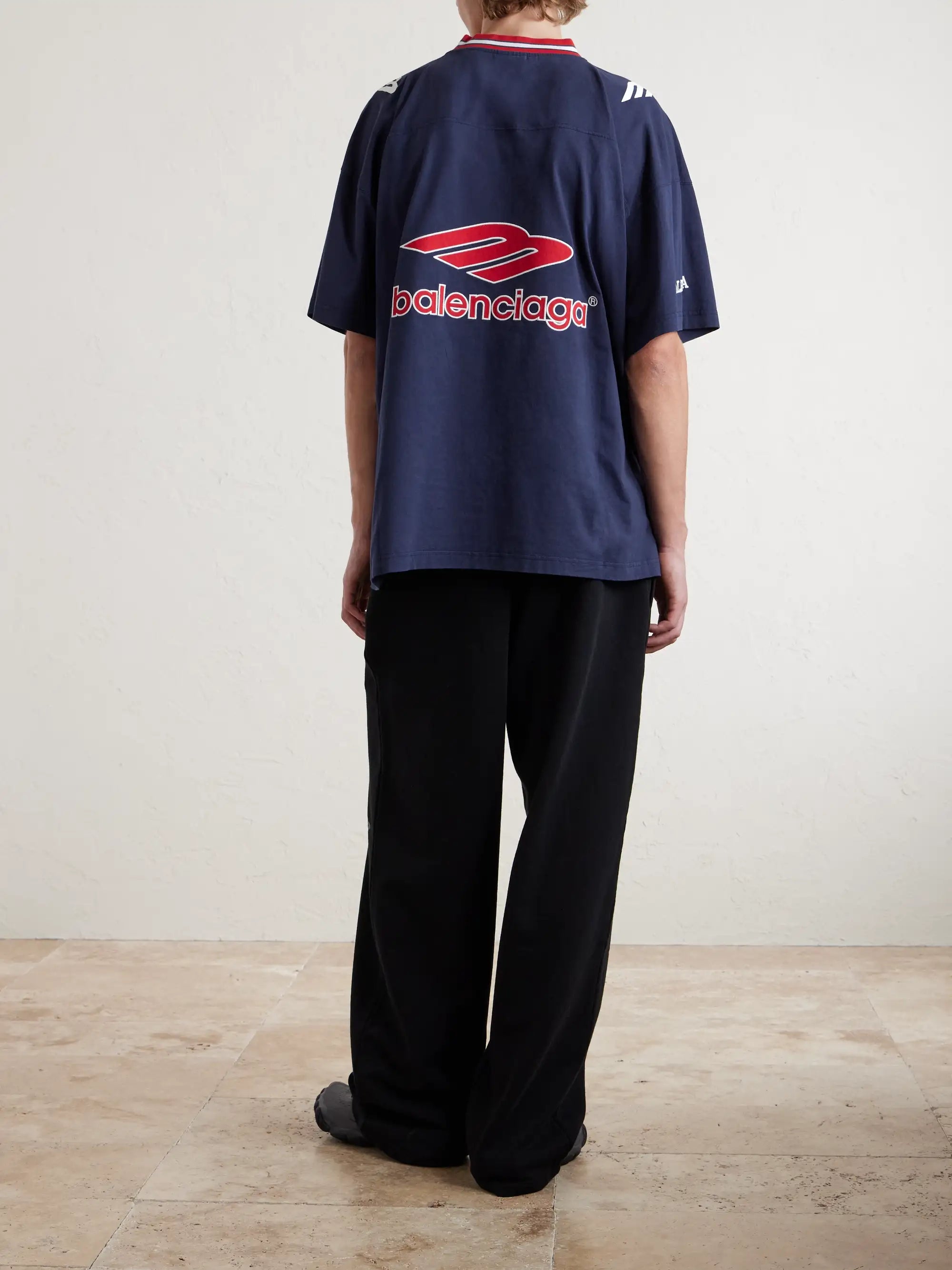 Balenciaga Soccer Jersey Logo-Print Oversized T-Shirt — Navy