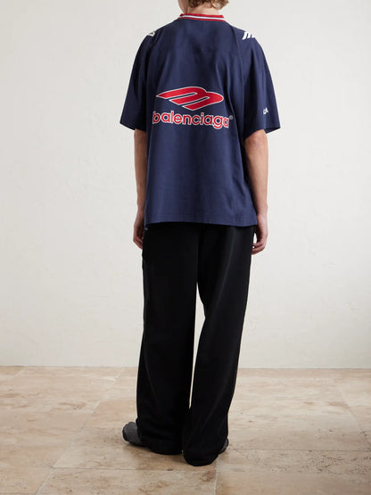 Balenciaga Soccer Jersey Logo-Print Oversized T-Shirt — Navy
